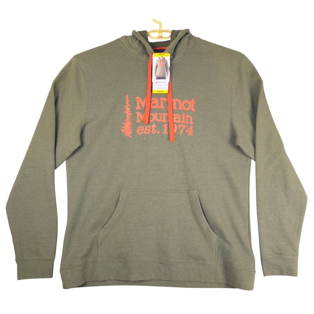 Marmot Mens XXL Hooded Sweatshirt Olive Green Orange Graphic Logo Hoodie NEW